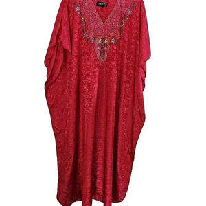 Naqui NY Red Kaftan Dress One Size Decorated Embroidered Sequins Pakistani Fit